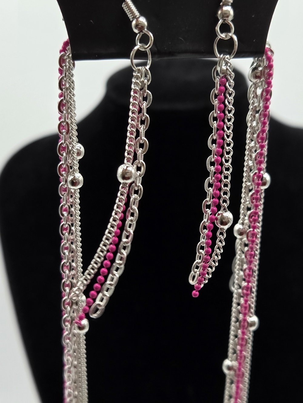 Paparazzi Pink & Silver Multi Strand Layered Chain Necklace Boho Statement Jewel